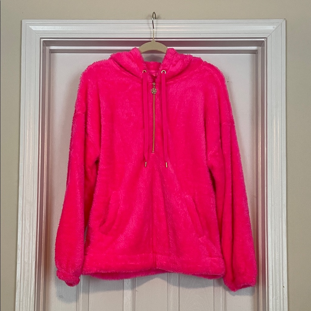 Lilly Pulitzer Bright Pink Fuzzy 1/2 Zip Hoodie Size Medium